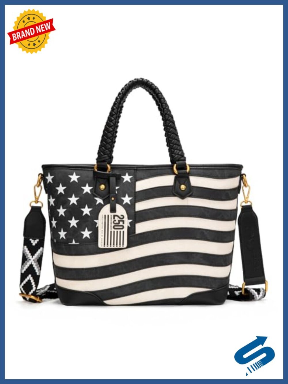 Vintage Patriotic Tote Bag with Braided Handles Faux Leather